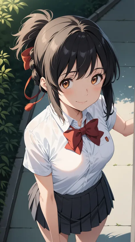 ( Masterpiece,  top quality,  very aesthetic,  Super Detail),  intricate details, 4K, ,   black hair,  short ponytail,  hair bow,  brown eyes,  school uniform ,  red ribbon,   collared shirt ,  white shirt, Short sleeve,  pleated skirt from above,  black s...