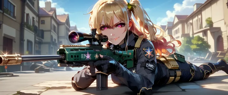 ultra-detailed, 1girl, solo, hoshinoruby, ((masterpiece)), (best quality), (highres), 16K, star-shaped pupils, long hair, one side up, blonde hair, wearing tactical clothes, black panties, black gloves, tactical belt, knee pads, boots, busty body, large br...