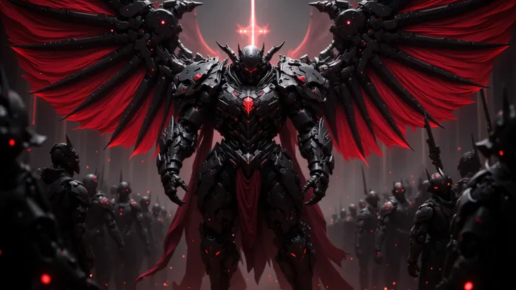 Full Body Mechanized Image of an Adult Male Holy Knight Commander Attached by Demons。His muscular robotic body ，WEARING EVIL BLACK AND RED HOLY KNIGHT ARMOR， has dark red glowing eyes and red-black mechanical wings。 He boldly stands inside a mysterious bla...