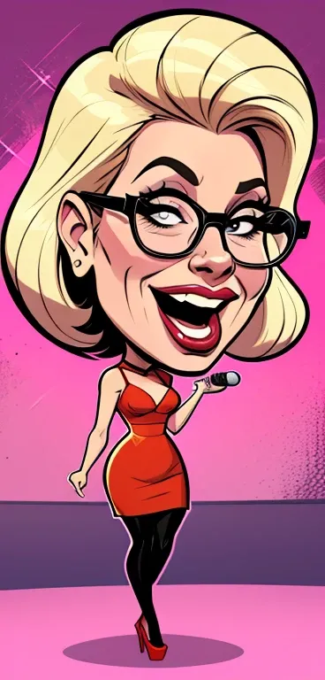 a cartoon of a woman in a dress and glasses singing into a microphone, caricature style, charicature, caricature illustration, in cartoon style, cartoon portrait, caricatural, vocalist, caricaturist, caricature, cartoon style illustration, cartoon artstyle...