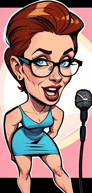 a cartoon of a woman in a dress and glasses singing into a microphone, caricature style, charicature, caricature illustration, in cartoon style, cartoon portrait, caricatural, vocalist, caricaturist, caricature, cartoon style illustration, cartoon artstyle...