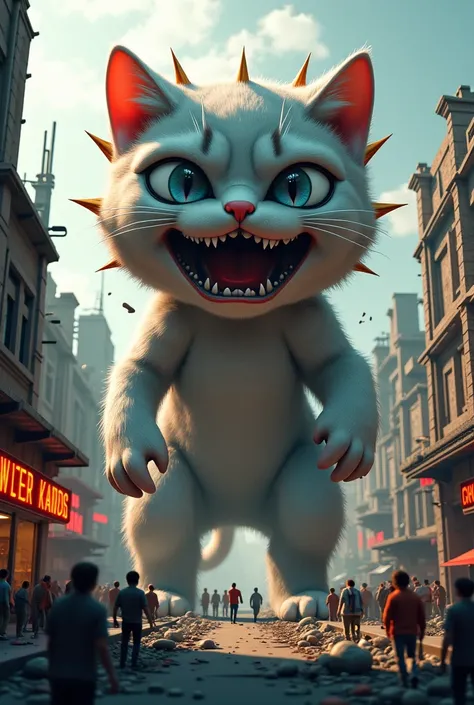 A kitten is as big as a green house, he has big fangs and thorns he's in town with tears, a lot of people are scared 3 d he destroyed the city angrily 