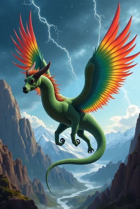 Illustration of Amaru mythical beast from Peru, Body of a long green scaly snake, Colourful Giant Wings,  hairy llama head, Anthropo style, Scenario of High Mountains with a thunderstorm. 