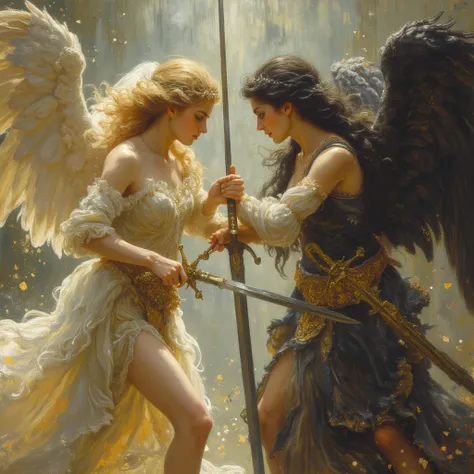 A female angel of immaculate beauty fights another female angel of immaculate beauty with her sword. The left angel has white wings and straight blonde hair while the right angel has dark wings and straight black hair. The left angel swings an elgant sword...