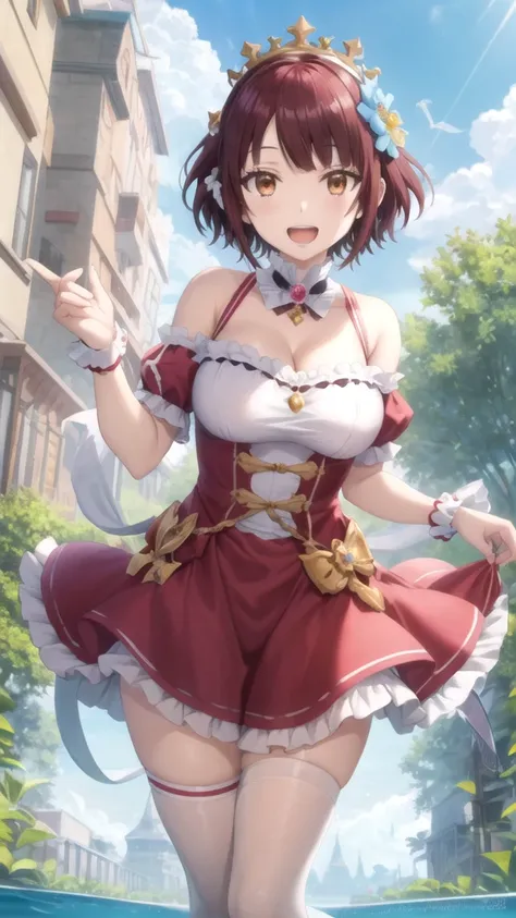 Masterpieces, Best Quality, girl, looking at viewer, yamada_ brown, solo, short hair, Brown hair, Brown Eyes, large breasts, princess connect Re:Dive cosplay, princess Dress, standing, smile, open mouth, outdoors 