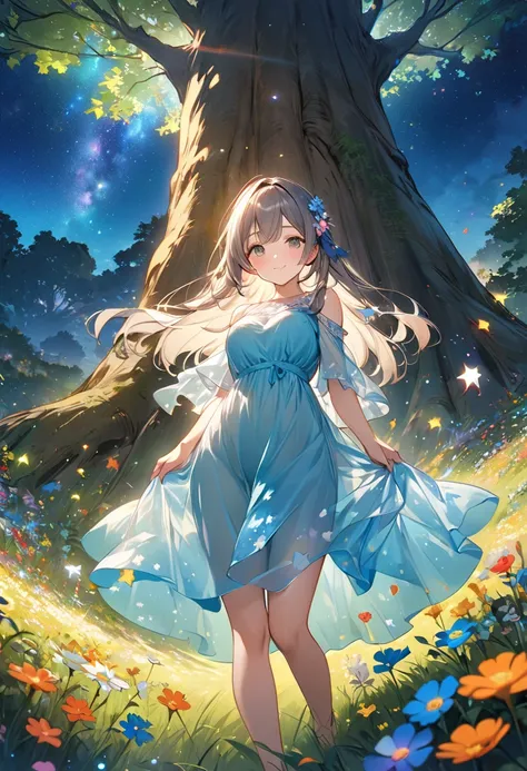  beautiful girl、Cute Face、Precision drawing、6 head body style、Height: 160cm、Blue see-through dress、Grassland with wild flowers blooming 、 colorful flowers are blooming、 night sky with beautiful stars visible 、A giant tree with large green branches and leav...