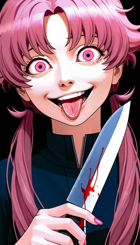 1 girl, Juno Gasai of Mirai Nikki , Alone ,  big eyes,  evil smile, long pink hair with two pigtails, pink eyes skin,portrait  , maligna,pink nails,pasando la lengua a un  knife with blood,Ojos rojos,Tongue on the knife, knife with blood