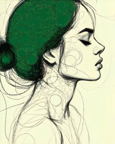 a drawing of a woman made with doodles and messy circular lines, beige crayon, monochrome. looking, low green 