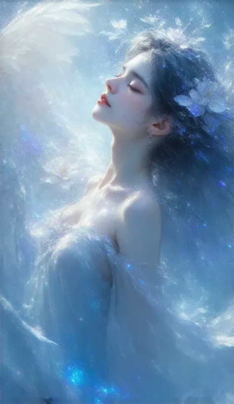 Full body　 The woman with an oblique side face of memories is beautiful 　I'm closing my eyes lovingly　forever　 beautiful white skin　White light　thanks
mystical　 starry sky 　Kasumigusa 　Fleeting　ultramarine blue
Her expression is so beautiful that it's inde...