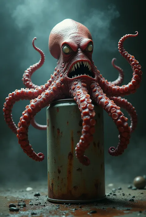 An octopus monster coming out of a can