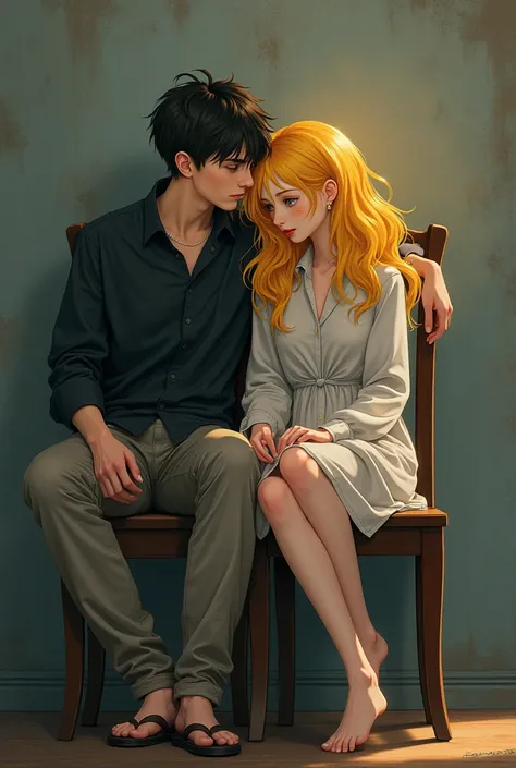 Labb created a picture of a girl and a young man sitting on the same chair. The young man is sad and the girl shines beautiful and makes her look anime. The girl has yellow hair and is beautiful 