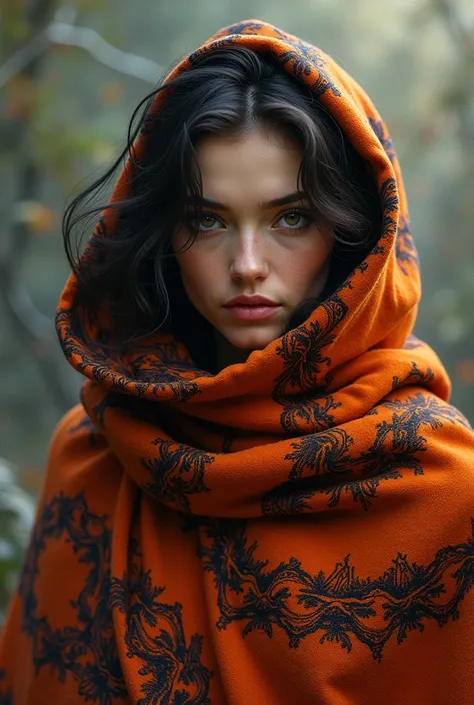 Generate an image of a woman wearing an orange and black poncho