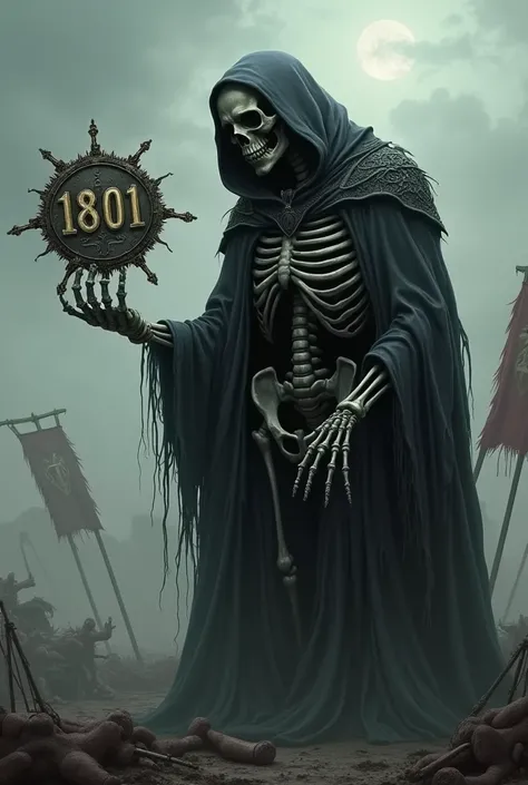 1801 logo held by death on a battlefield