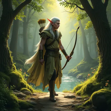 " A majestic silver-haired elf shiny and bright ,  with bright green eyes like emeralds ,  walks stealthily through an enchanted forest .  He carries a bow carved with ancient runes and a quiver full of arrows adorned with the feathers of mystical birds. H...