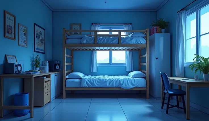 a neat and tidy college dorm bedroom, bunkbed, night, dim blue light, spacious room, film realism, simple design, semi-anime realism