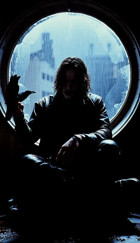  the character "The Crow".  A hyper-realistic cinematic image of The Crow , Brandon Lee, Eric Draven , hyper realistic, High detailed, sitting very near at the window, Dark city, With a Black Crow in his hand, rainy day outside, gothic round window, wet cl...