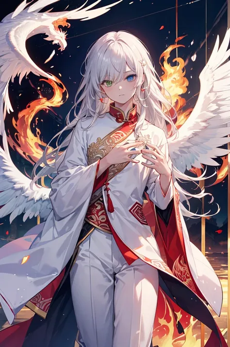 masterpiece, highdef, asian mythology, male, handsome, chinese royalty, long flowing white hair, white suit, blazing flames, a pair of red phoenix wings on back, perfectly crafted hands, masterfully made features, heterochromia, left eye: green, right eye:...