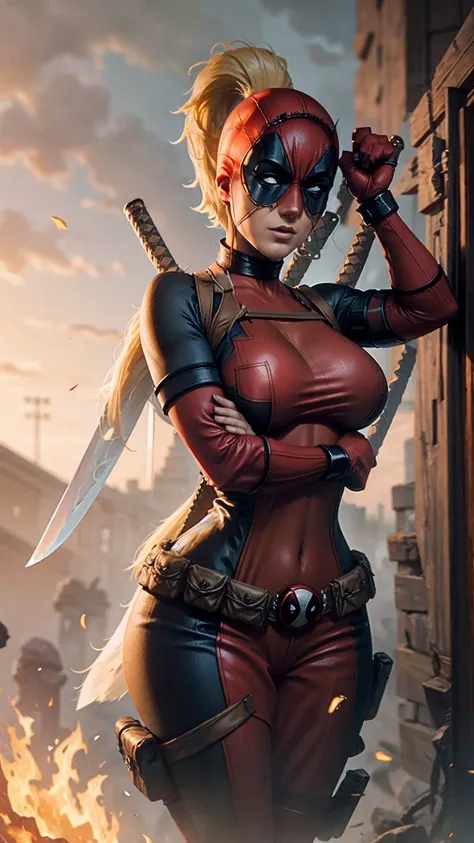 Lady deadpool showing her , busty. Swords. Blonde