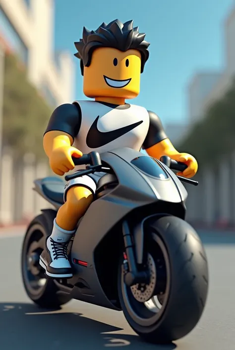 A Roblox doll wearing Nike clothes, on top of a motorcycle