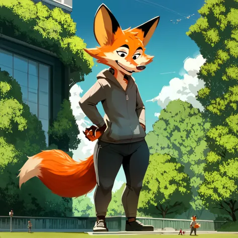  hairy, darma ,  fox ears ,  wide hips,  thick thighs, FROM BACK, ángulo bajo, macro, al aire libre,  smiling,  black eyes,  looking at the spectator,  full body, standing,  long hairy tail