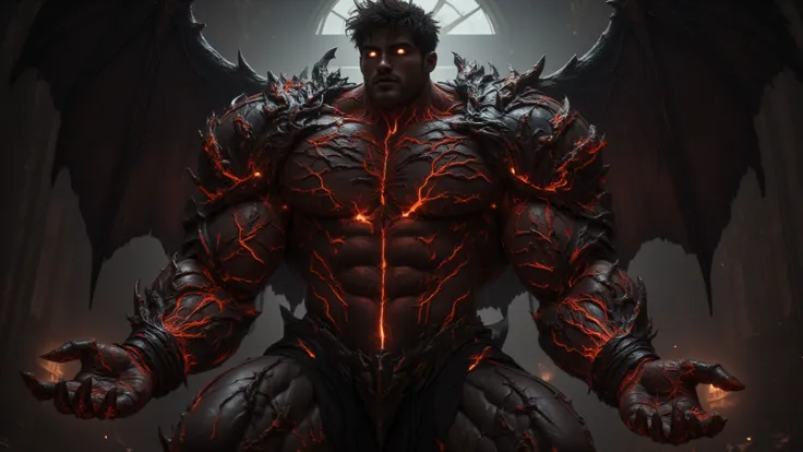 A hyper-realistic, three-quarter body portrait of a dark, powerful male character inspired by Cody Christian, where his athletic build merges seamlessly with an organic, single-armored structure that grows directly from his body. The armor, a blend of dark...