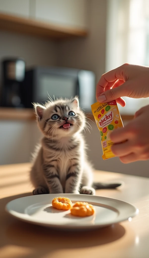  A small and cuddly light gray kitten with blue eyes watching food being poured onto a plate from a low perspective in a modern kitchen.  The kitten has an anxious and happy expression , sitting near the plate .  Human hands out of the frame hold a package...