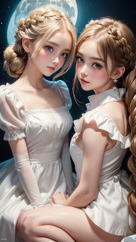 (Two beautiful girls:1.3), ((Best Quality)), ((masterpiece)), (detailed), (French braid), (blonde hair), Romantic low bun, Elbow gloves, Small breasts, maid uniform, knee high socks with frill, (Blushed), (cheek:1.3), shame, Confused, earrings, Silky white...