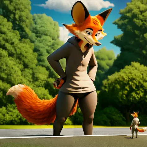  hairy, darma ,  fox ears ,  wide hips,  thick thighs, FROM BACK, ángulo bajo, macro, al aire libre,  smiling,  black eyes,  looking at the spectator,  full body, standing,  long hairy tail