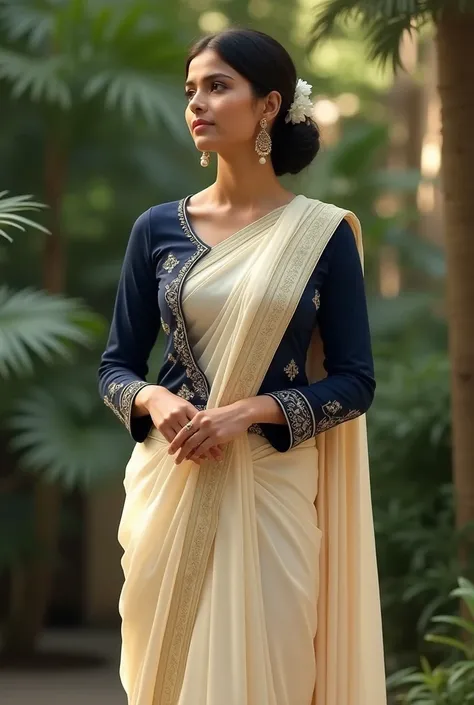 Girl who wears sri lankan saree jacket color is navy blue and saree color cream