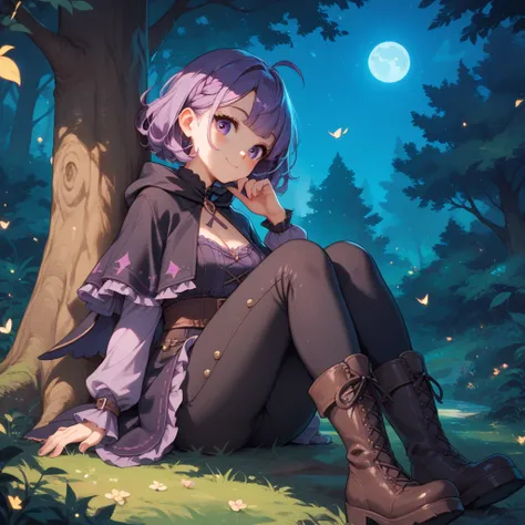 Cute with girl sitting on a tree at night in a forest. Cute witch girl wear black clothes along with pants and boots. She have purple hair. While she sitting she wetting herself 