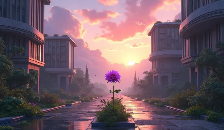 Cosmic scenery on a deserted street at sunset with clouds , planets, abandoned futuristic buildings surrounded by greenery and with a small purple rose in the middle of the street