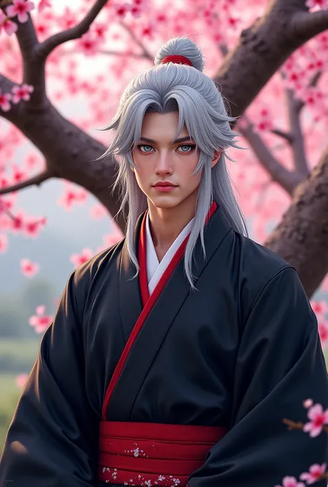 A handsome young samurai with silver hair, wearing a stylish black kimono with red accents. His sharp eyes show wisdom and strength. A cherry blossom tree is behind him.