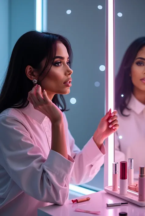 Show Aiyana in a close-up beauty shot, sitting in a futuristic, minimalist vanity area. She’s applying a bold, holographic highlighter while looking into a mirror with integrated digital displays showing beauty tips. The lighting is soft and ethereal, high...