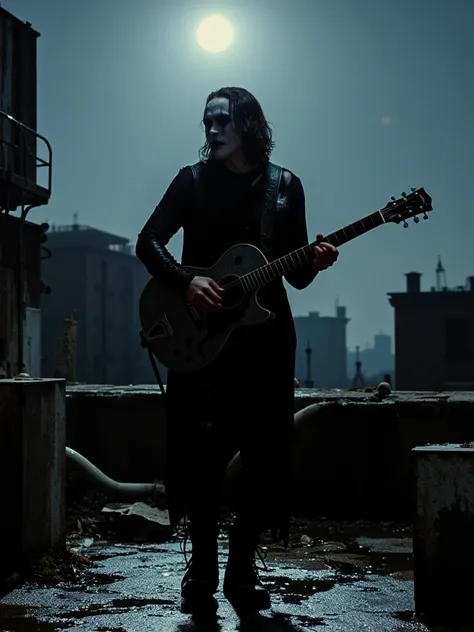 eric draven, on a roof singing at guitar