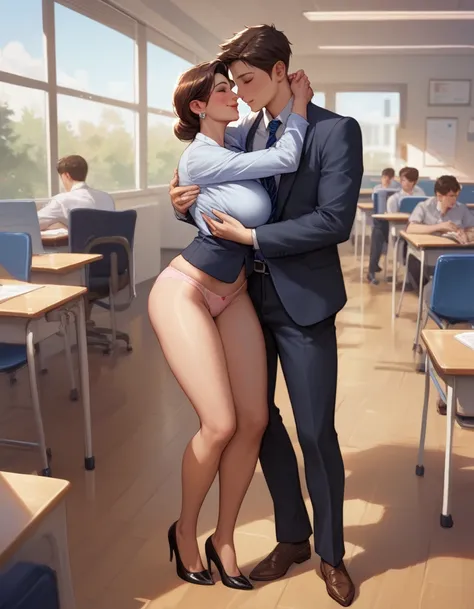 score_9, score_8_up, score_7_up, source_anime, 1boy, 1girl, mature female sexy office suit(((showing her panties))), (a young boy hug and grab her breast), full body, in classroom