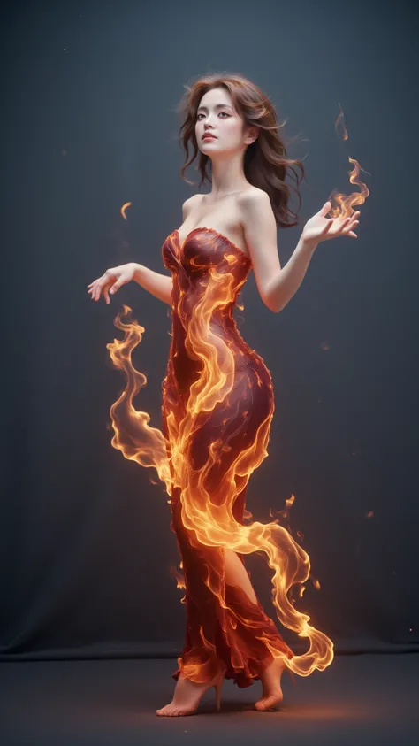 (Masterpiece, High quality, Best quality, offcial art, Beauty and aesthetics:1.2),(theelementoffire:1.4),（1 young woman：1.6），scarlettJohansson,Composed of fire elements，Highly realistic,posing elegantly,Transparency,Sci-fi lighting effects,dress,Flame,hoan...