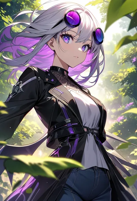 Please draw an anime-style girl character in a dynamic composition. She has short, spiky silver hair with vibrant purple highlights that give her a striking appearance. Her large, deep indigo eyes are captivating and filled with a sense of wonder and depth...