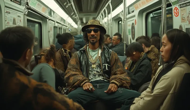 A highly detailed, photorealistic image of Snoop Dogg sitting in a New York City subway car. He is wearing a stylish outfit, his signature hat, and sunglasses, looking relaxed and cool. The subway car is filled with diverse passengers, some glancing at him...