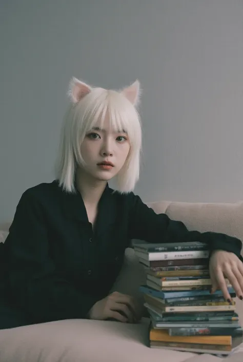 a woman sitting on top of a couch next to a pile of books, milky white skin, kawaii realistic portrait, human staring blankly ahead, lu ji, ooak, handsome girl, silver haired, neko, she is about 20 years old, ((portrait)), beautiful necromancer girl, polar...