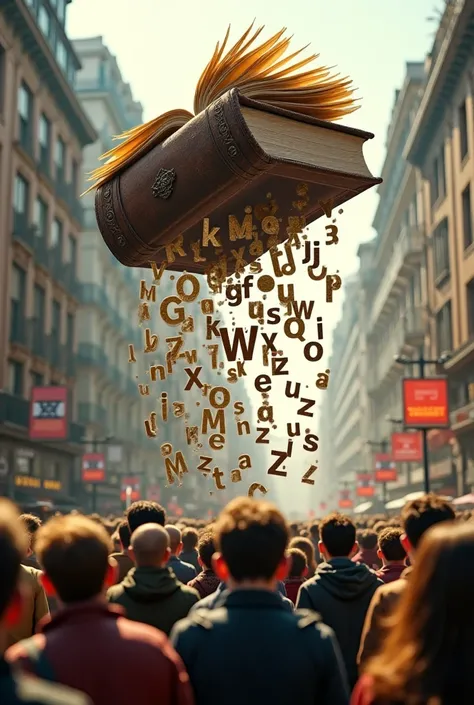 Video of book on film spilling letters over a crowd
