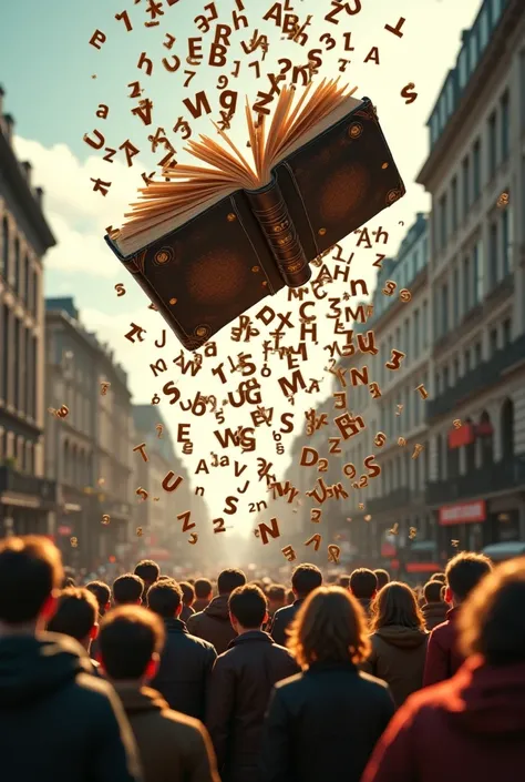 Video of book on film spilling letters over a crowd
