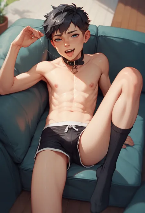  a young skinny boy,  in tight shorts. naked.  dark hair.  collar, On the sofa, legs spread , view between the legs  . drool. black socks
