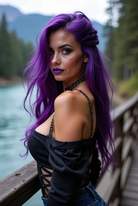 34 year old girl, Russian, Nordic, Celtic, Scandinavian, (((long wavy purple hair, long purple layered hair, dark purple messy hair, face covered by hair, wind blowing hair, hair in face, pulled back hair, braid, volume hair))), (((dark exotic eyes, tan sk...