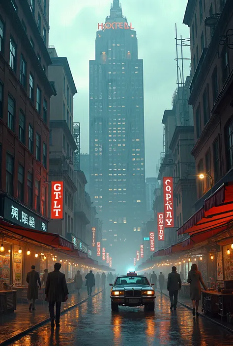 Futuristic, cybpunk style city. Looking at a Grand hotel. More than 20 stories. Roads that for to the left and right. Neon Signs. Raining. People walking the streets. Business district rich. Side street vendors. A car on the roads left and right. Chauffeur...