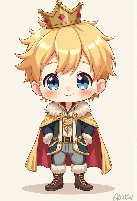 A cute anime boy , cute appearance, Prince clothes , short stature, gordo, fatty, fofo, cute face,  innocent expression and cute ,  a crown over his head,  blonde hair from anime 