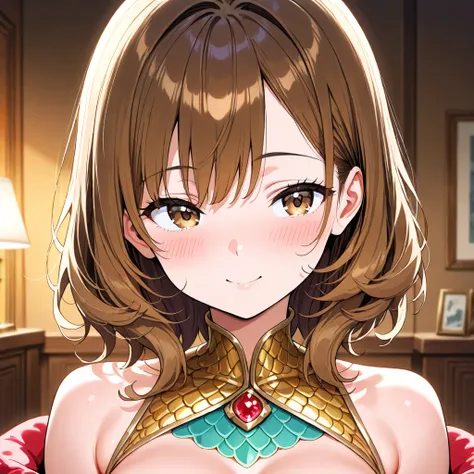 portrait, SCALE Bust up , anime, Brown hair long to the middle of the back, Golden-brown eyes, Beautiful and cute, misbehave,  playful , , big chest