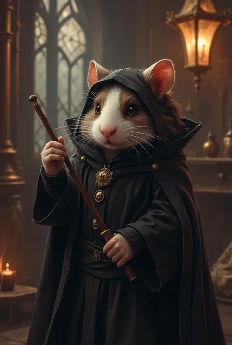 hamster dressed like severus snape from harry potter,  masterpiece,  Best quality, Super Detail,an epic,4K,mystical castle,  holds a magic wand , In fantasy art style ,  cinematic light ,((medium-length oily black hair :1.4)),  studio lighting ,  8k resolu...