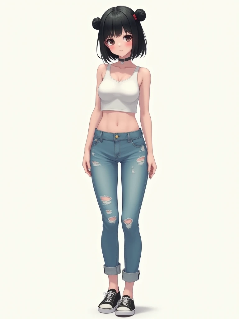  A girl (appearance: Short black hair with small pigtails,  black eyes, pale skin, Athletic, 1,76m, breasts,  25 years) ( Outfit:  bare breast, distressed light blue jeans, slip-on sneakers) ( Full body view)  digital art, Anime 4k,  Precise,  Very detaile...