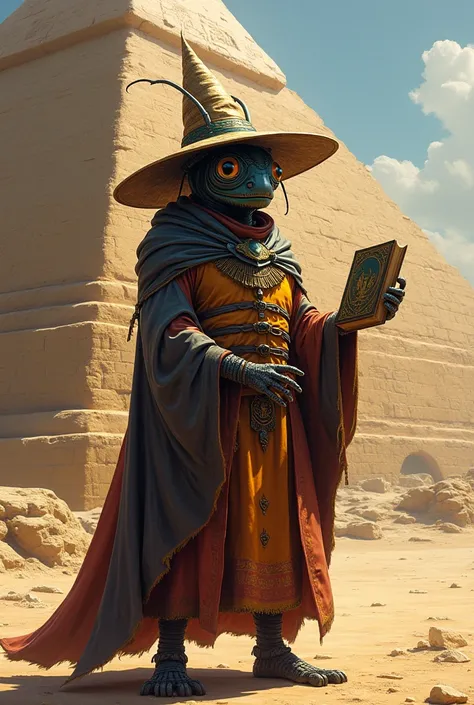 Cockroach wizard standing with a book in front of a pyramid (The cockroach wears a wizard hat and a cape, and the book in his hand says GLO)