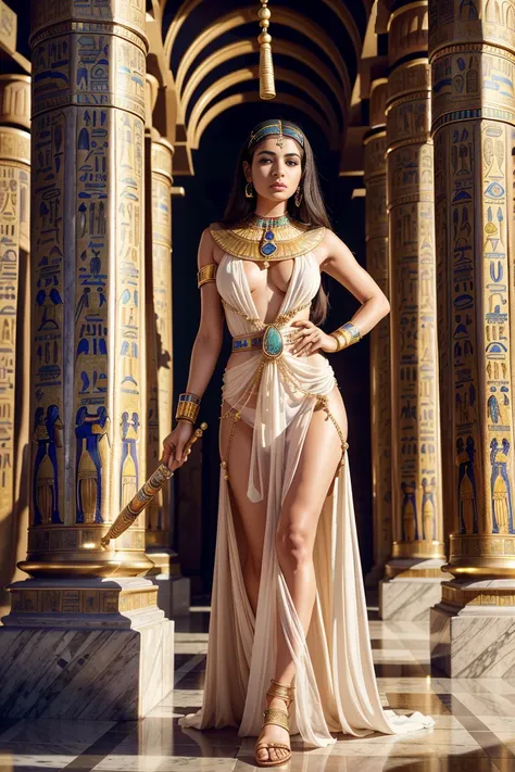  An Egyptian princess walks with sovereign grace through the vast corridors of the Temple of Amenhotep . in summer,  Completely naked body , ( high-quality and award-winning amateur erotic photography ),  pronounced feminine features , sine, (parts: .6), (...